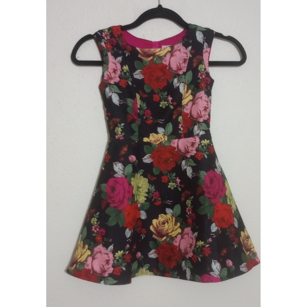 Baker by Ted Baker Girls Floral Fit and Flare Dress Black Pink Red Roses Size 6